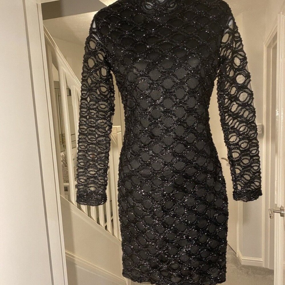 NWT CBR Black Fitted H Neck Festive Party Dress.Sparkly Flocked Fabric Over Lace
